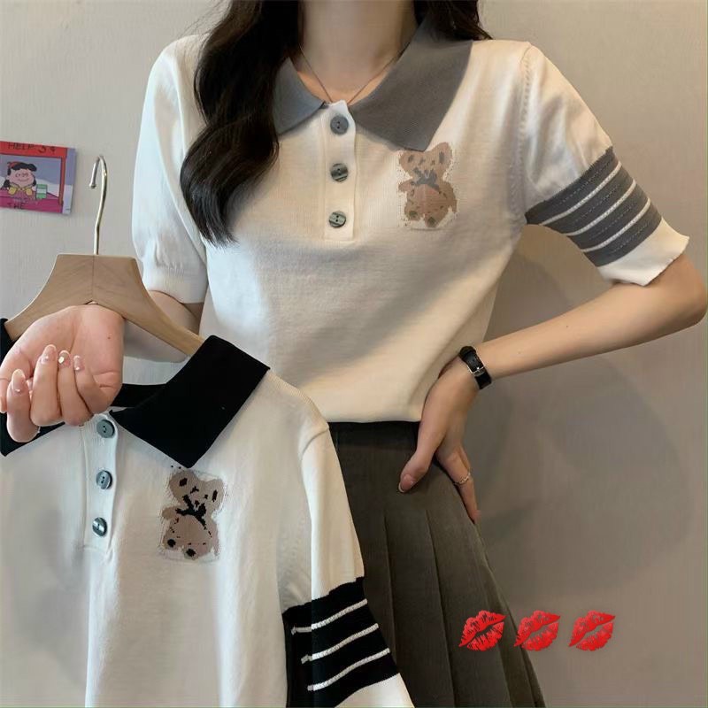Áo len mongtoghi polo gấu viền tay cute