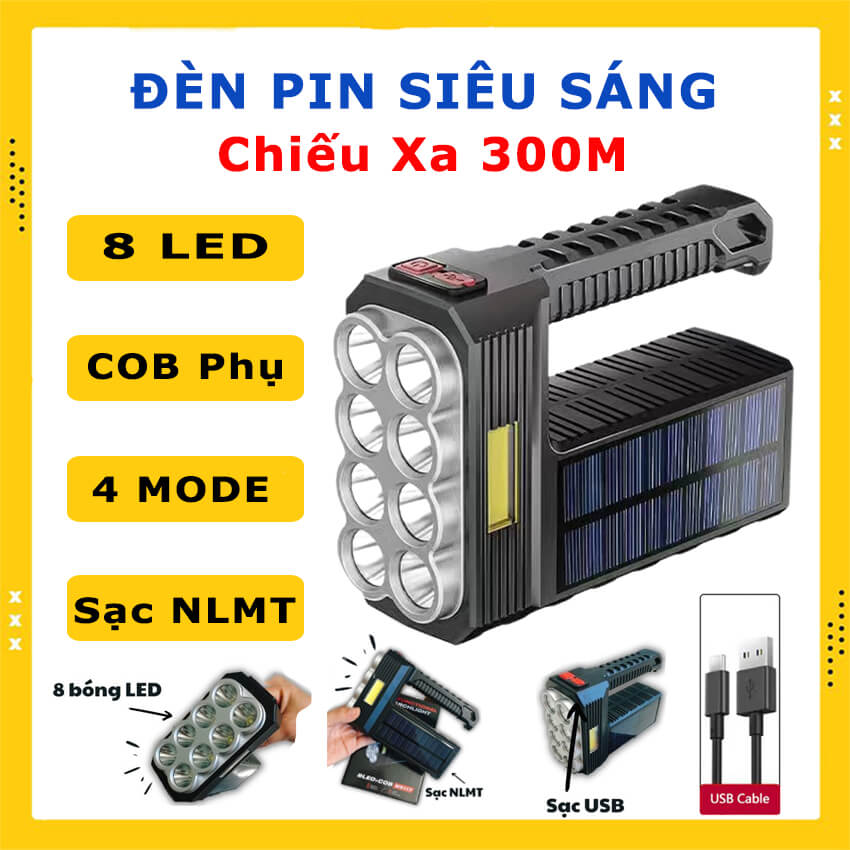 Đèn pin cầm tay siêu sáng 8 bóng Led chiếu xa 300m, đèn pin siêu sáng sạc năng lượng mặt trời có COB đèn phụ chống nước, đèn pin cầm tay 4 chế độ sáng, đèn bin cầm tay siêu sáng pin sạc 18650