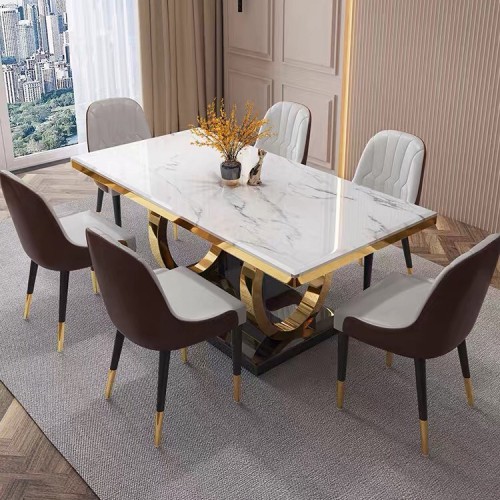 Bàn ăn mặt đá ceramic bóng khung thép mạ vàng kết hợp ghế monet