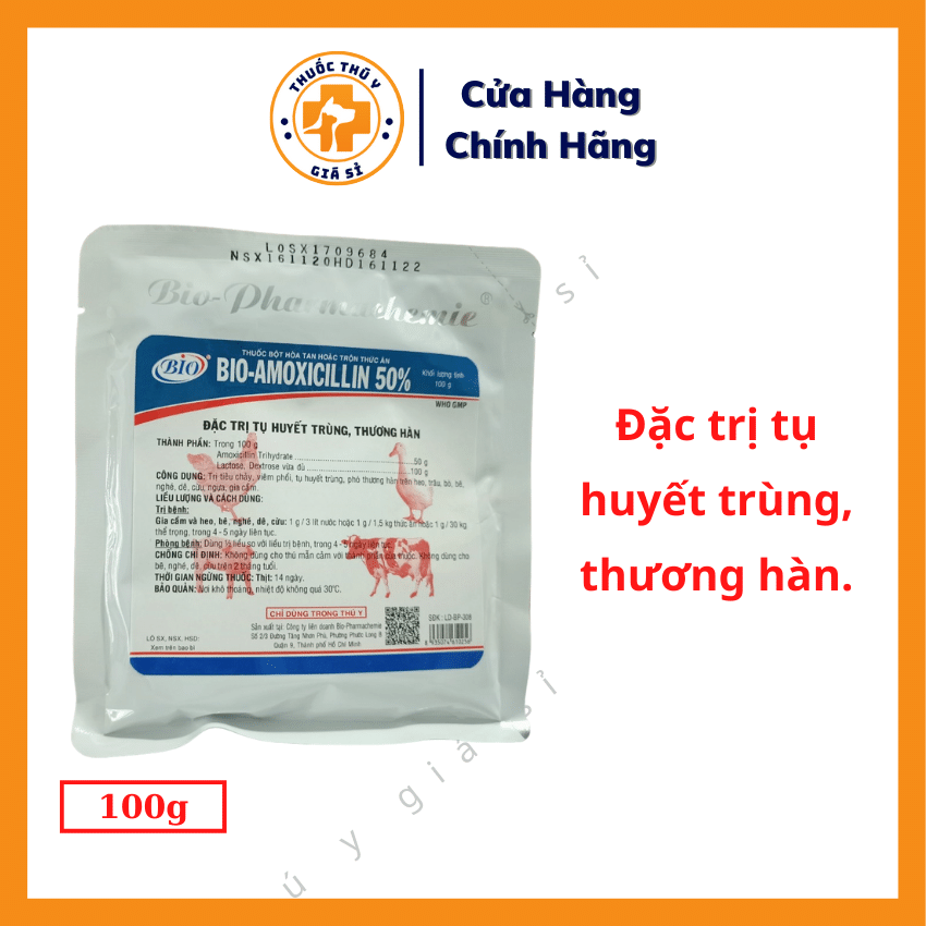 "Hoàn tiền đến 10%" Bio Amoxicillin 50% 100g - Dùng Cho Bệnh Tụ Huyết Trùng Thương Hàn - Thú Y Giá S