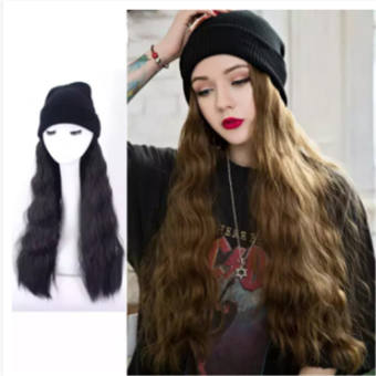 Tóc Giả Nữ 65Cm Với Mũ Len Màu Đen Tóc Giả Xoăn Dài Uốn Xoăn Gợn Nước Mũ Tóc Giả Tự Nhiên Thời Trang Tiện Lợi