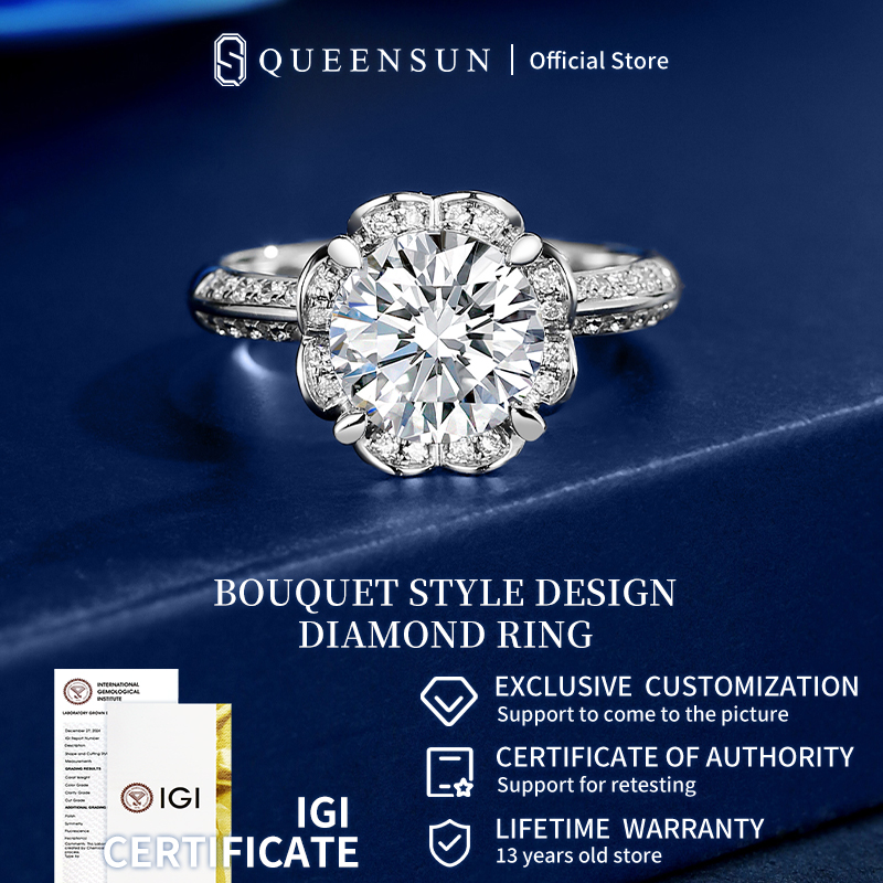 QUEENSUN wedding band ring 1carat 18K gold Bouquet Style Korea  Lab Grown Diamond ring proposal,wedding real diamond ring  jewellery gemstone ring 捧花钻石戒指/designer ring/ring for women/Ladies' gifts/ Mother's Day Gift