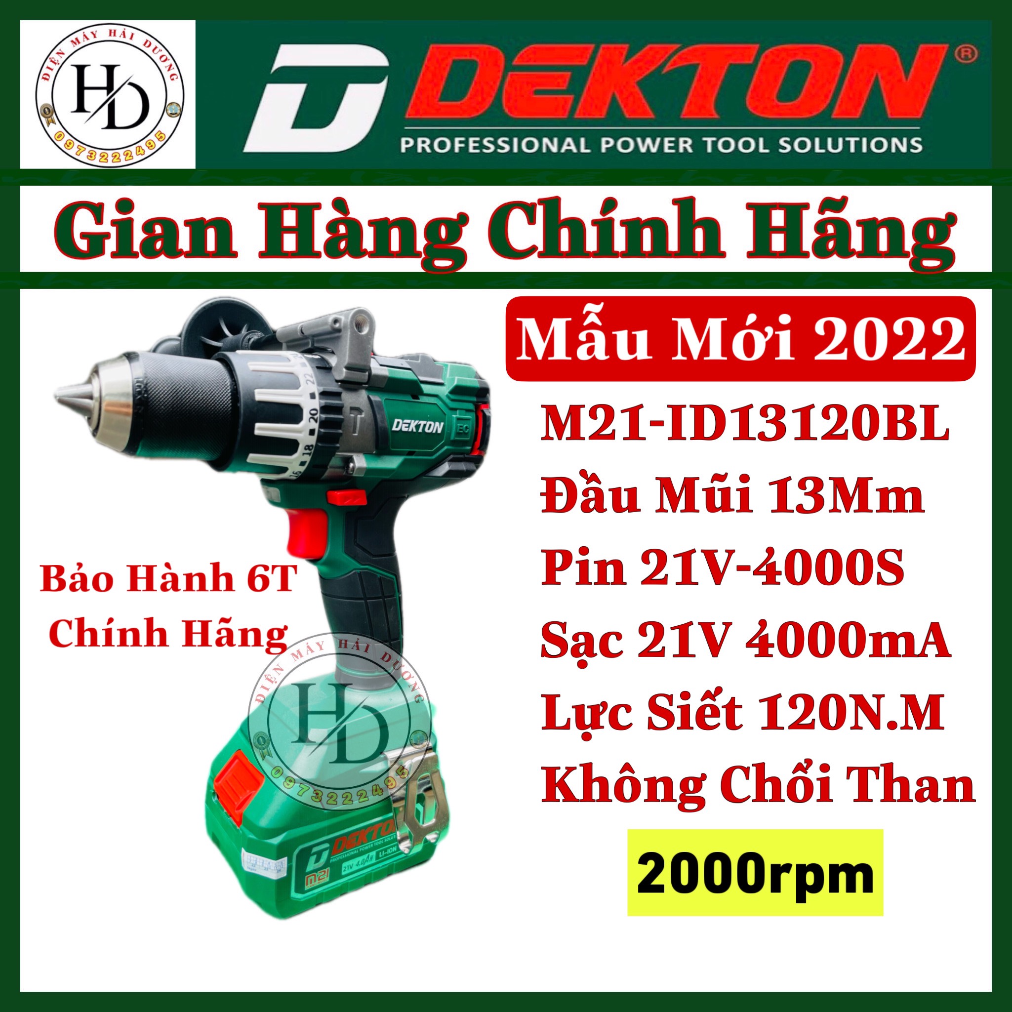 Máy khoan pin Dekton M21-ID13120BL.Đầu 13mm.Kèm Pin DEKTON 21V-4.0Ah 40000S và Sạc nhanh M21-4000.BH Chính Hãng 6T