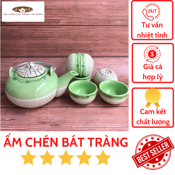 Bộ ấm chén gốm sứ Bát Tràng men Rạn Xanh Tròn