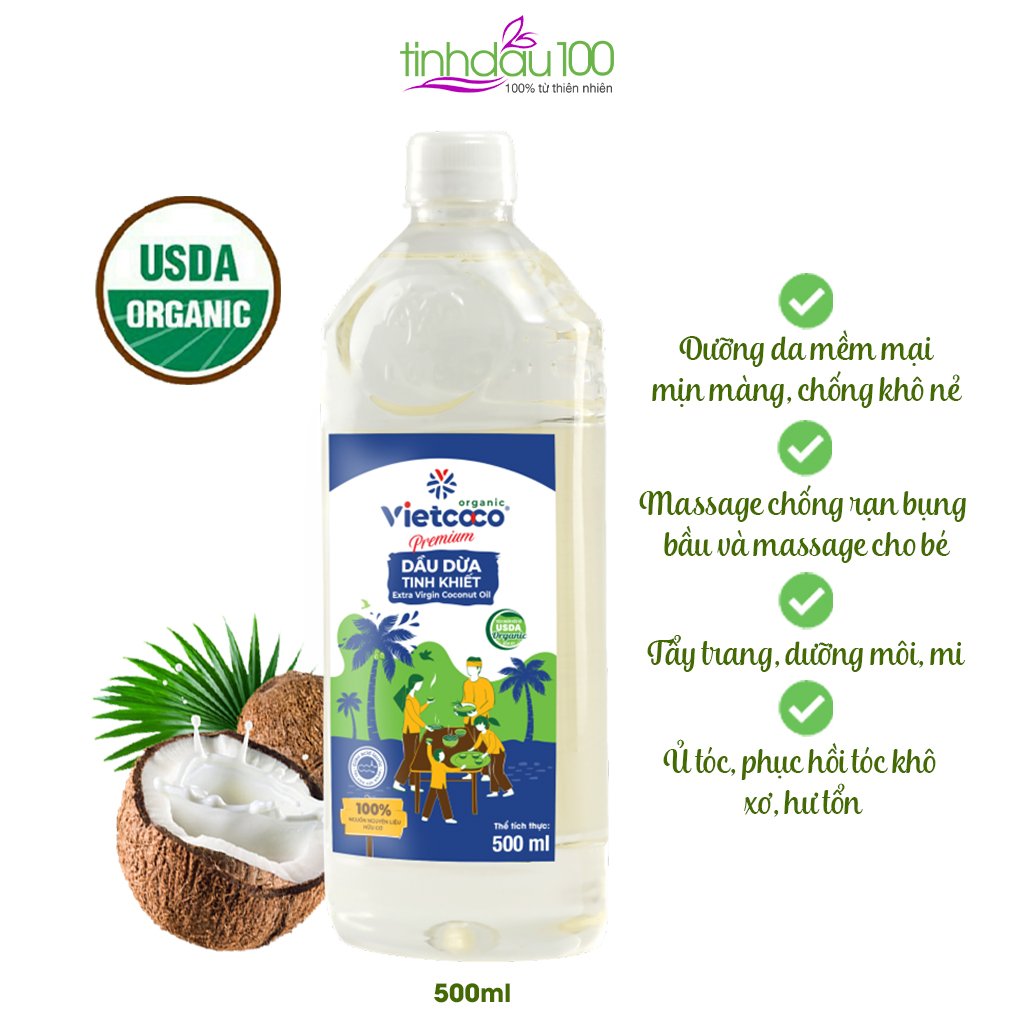 Dầu dừa Organic Vietcoco ép lạnh nguyên chất 250ml, 500ml, 1lit. Nấu ăn, dưỡng Tóc, dưỡng Da...