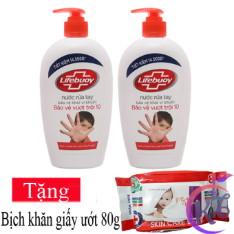Combo 2 chai Nước rửa tay Lifebuoy chai 180g diệt khuẩn 99,9% công thức ion bạc bảo vệ vượt trội 10 (màu Đỏ) Tặng bịch khăn giấy ướt baby wipes 80g - nuoc rua tay life buoy