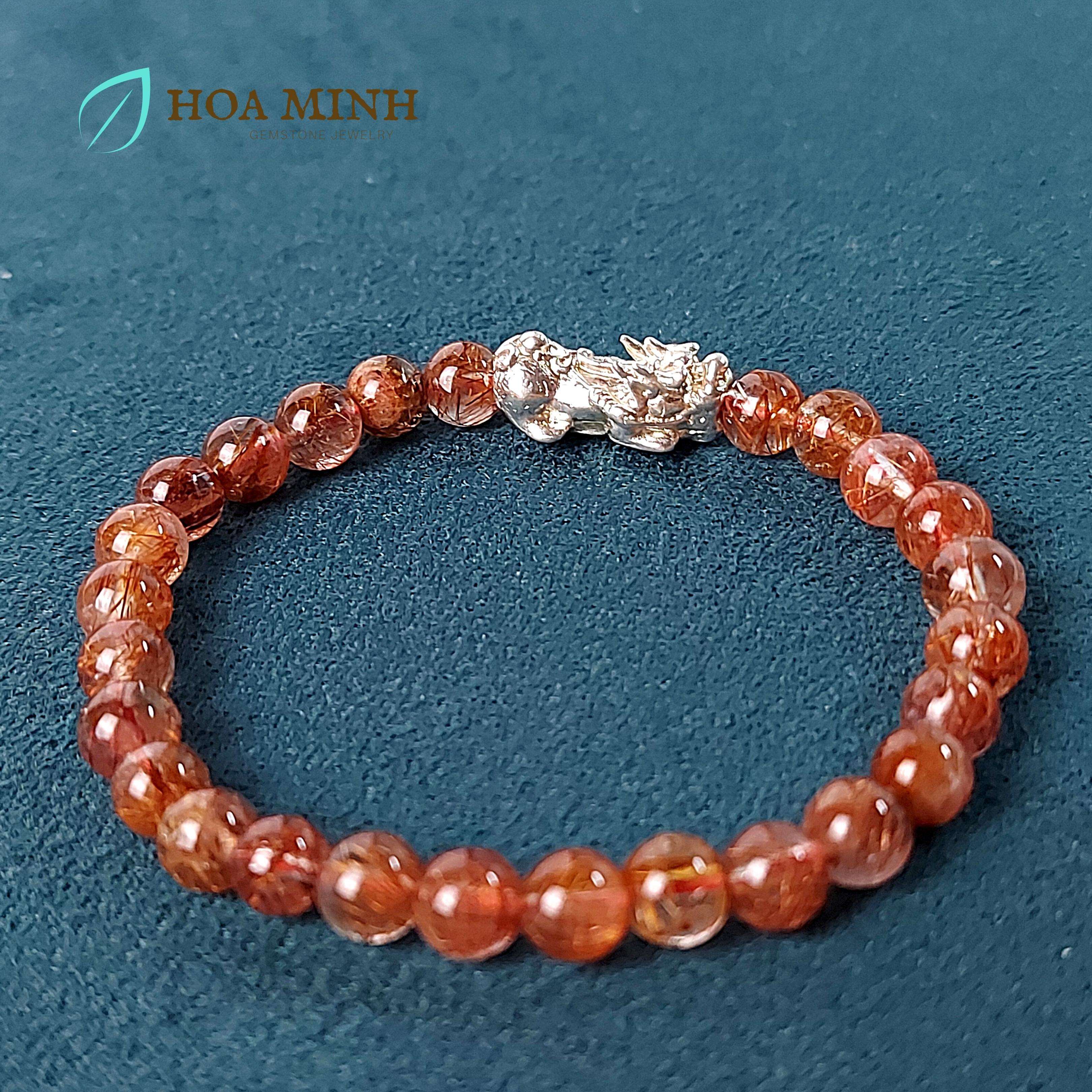 Vòng tay Thạch Anh Tóc Đỏ thiên nhiên 6 li phối Tỳ Hưu bạc ta nguyên chất, hợp mệnh Hỏa Thổ | Hoa Minh Gem