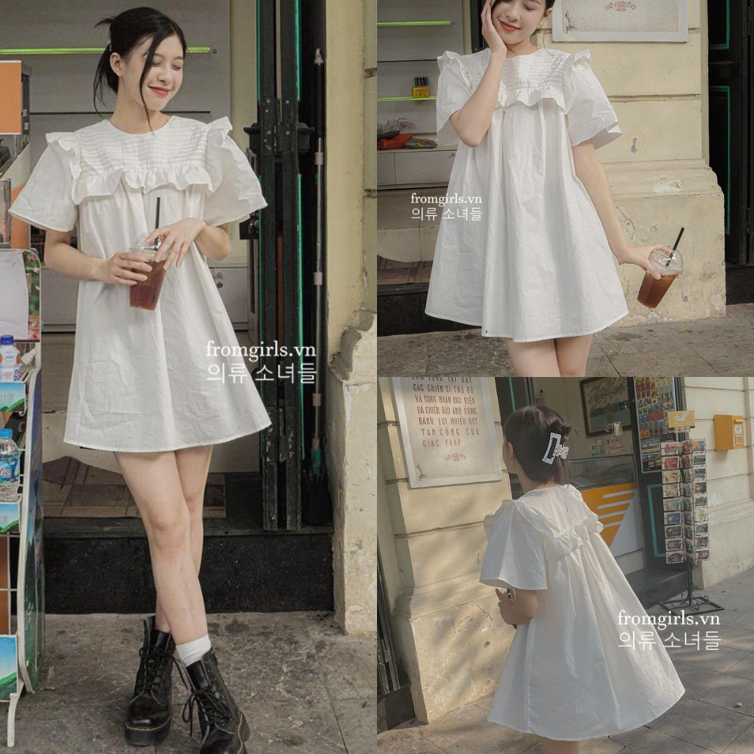 Váy babydoll trắng xếp ly ngang, đầm babydoll rộng ulzzang - V62