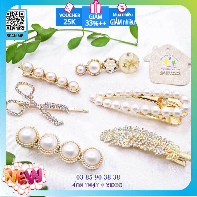 Combo 6 kẹp tóc nữ Hàn Quốc cute, phụ kiện nữ bé gái teen, Set kẹp tóc ngọc trai 6 món cao cấp sành điệu - thương hiệu VỢ CHỒNG TÔI