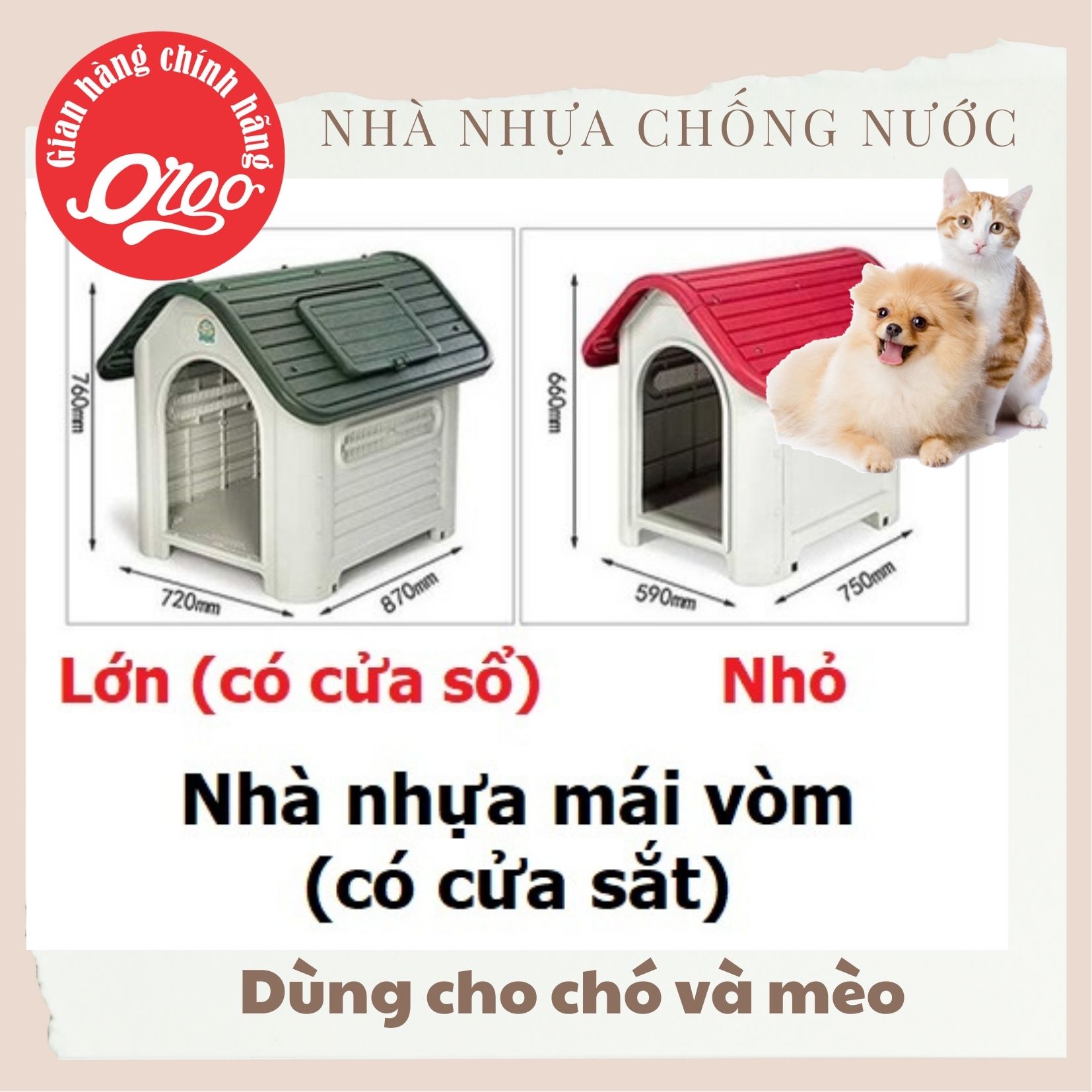Orgo - Nhà Gỗ chó - Nhà nhựa mái vòm nhà chó mèo có mái che, có cửa sắt nhà chó gỗ / chuồng chó gỗ / chuồng gỗ nuôi chó