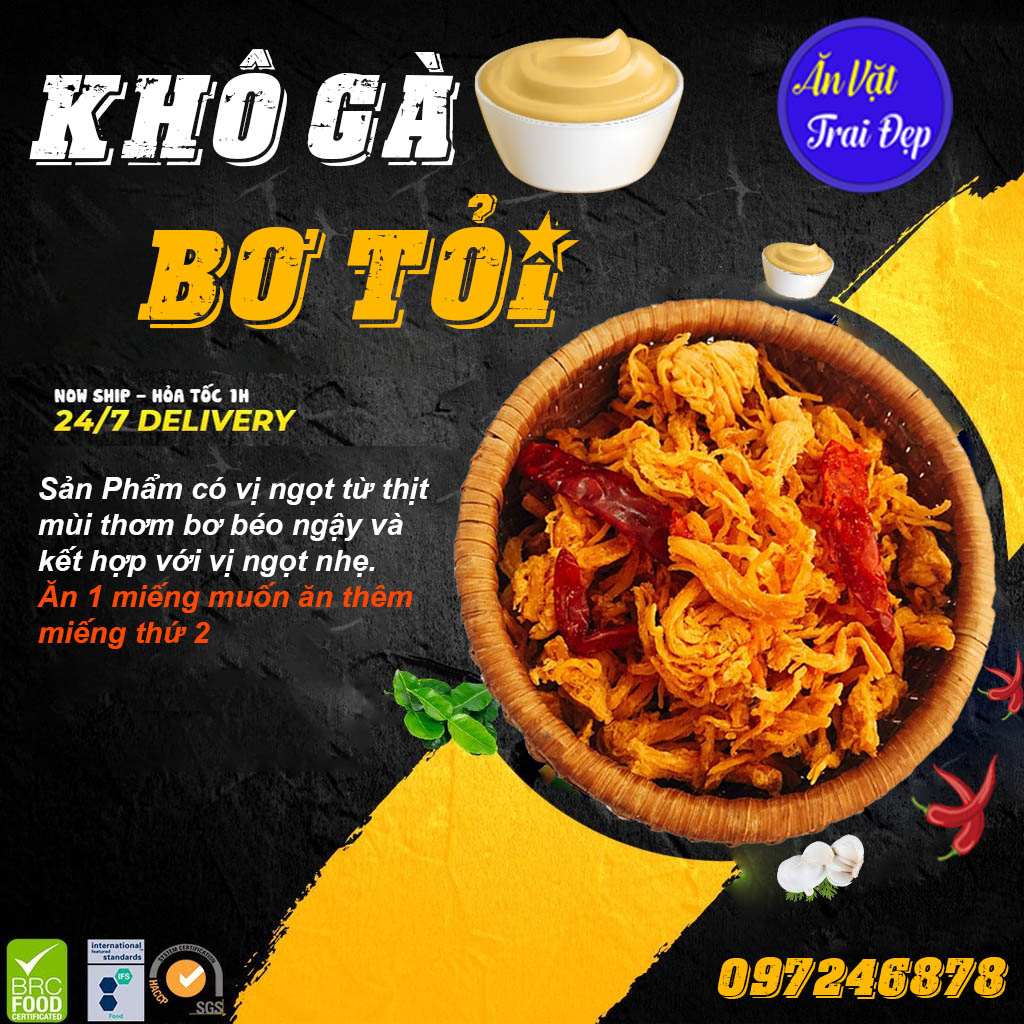 Khô gà lá chanh / bơ tỏi loại 1 hủ pet 300g - trai đẹp snack