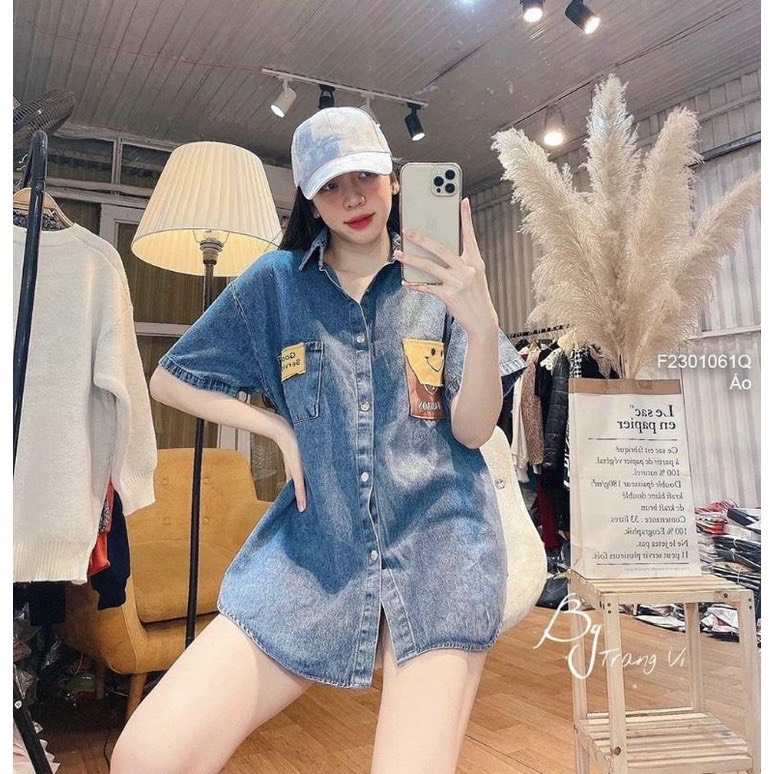 Áo sơ mi jean nữ mặt cười, áo sơ mi nữ túi hộp tay lỡ, áo sơ mi cộc tay from rộng Nam nữ UNISEX, sơ mi bò ngắn tay phong cách ulzzang, AMME