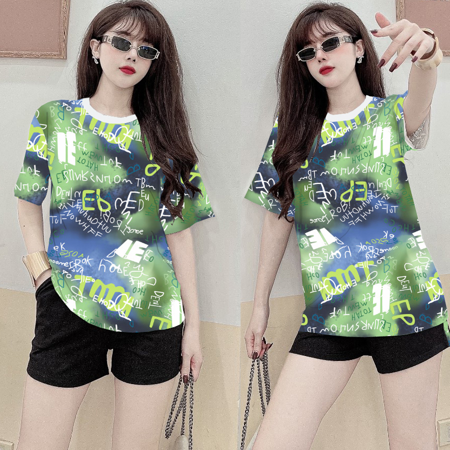 Đồ bộ thun đùi họa tiết in 3D xanh lá