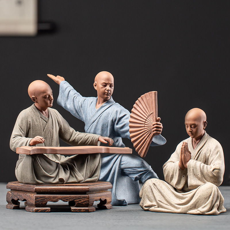 Bộ Tăng Nhân ngồi thiền, đánh đàn, múa quạt gốm Tử Sa (có bán lẻ) - Thiền Sư gốm Tử Sa cao cấp - Tượng gốm trang trí tiểu cảnh, lũa, bonsai