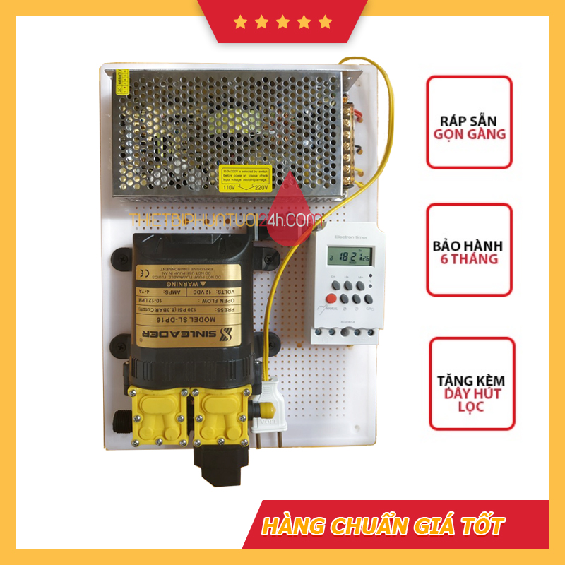 Trọn bộ máy bơm đôi tăng áp 12v Sinleader mini kèm biến điện, công tắc hẹn giờ tự động ráp sẵn bảng điện