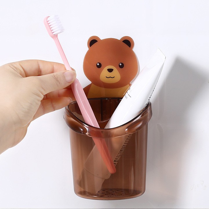 Cốc gấu dán tường - ly cốc dán tường hình gấu nâu đựng bàn chải, kem đánh răng, đồ dùng nhà tắm