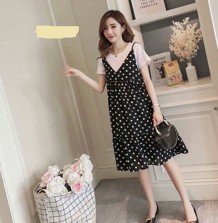 Set Váy bầu, đầm bầu hai dây chấm bi dáng suông mùa hè giá rẻ