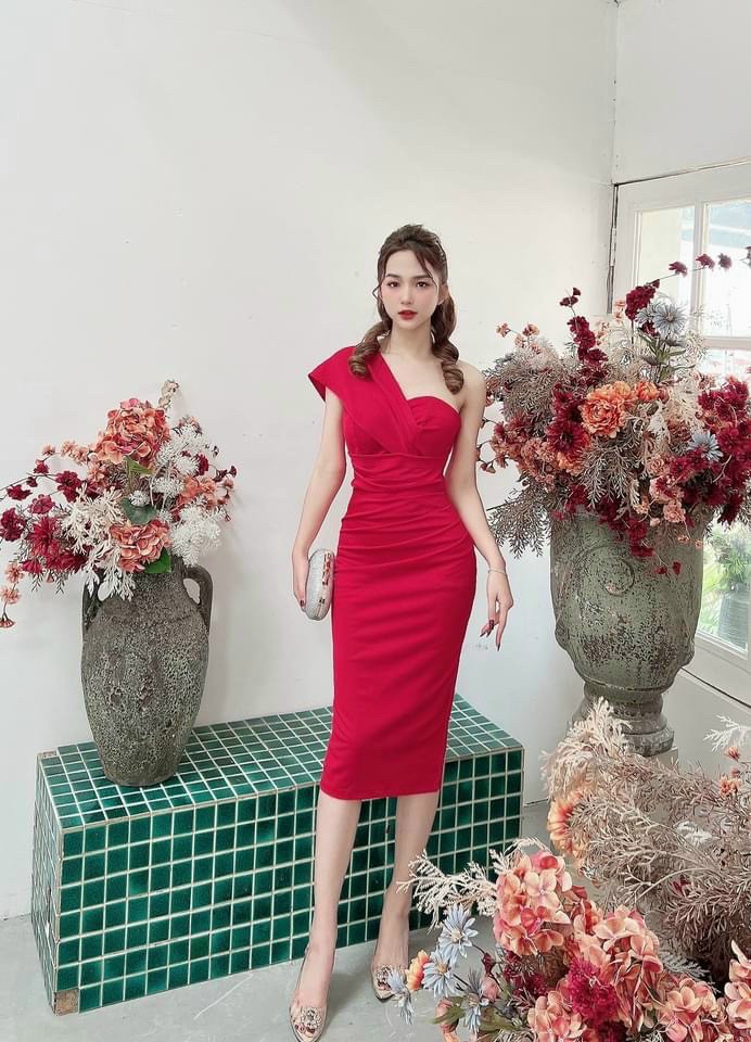 Đầm nữ lệch vai chất umi có mút tôn dáng, sang chảnh HMS DXX32