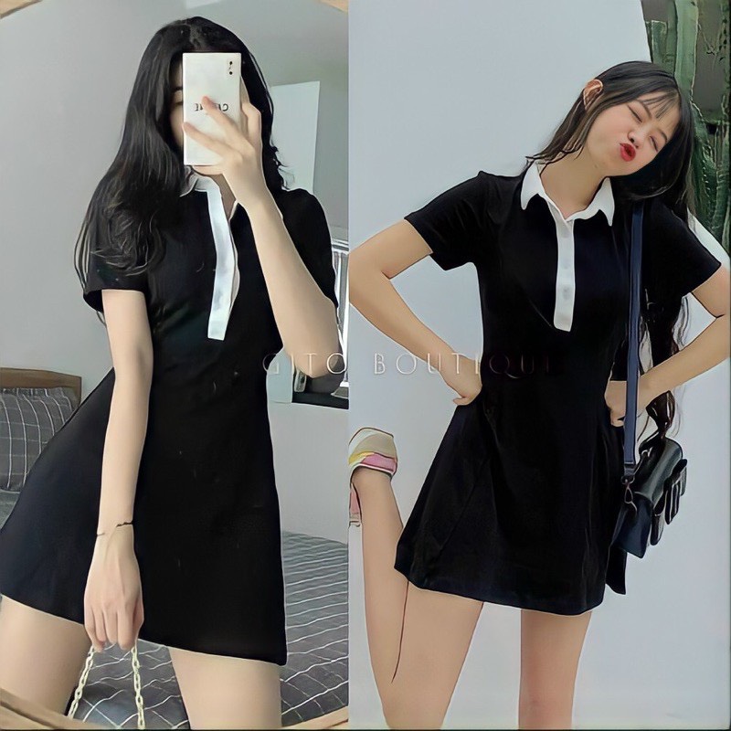 Váy polo dáng xòe màu đen phối cổ trắng / đầm polo cổ bẻ thời trang 4 mùa quang minh