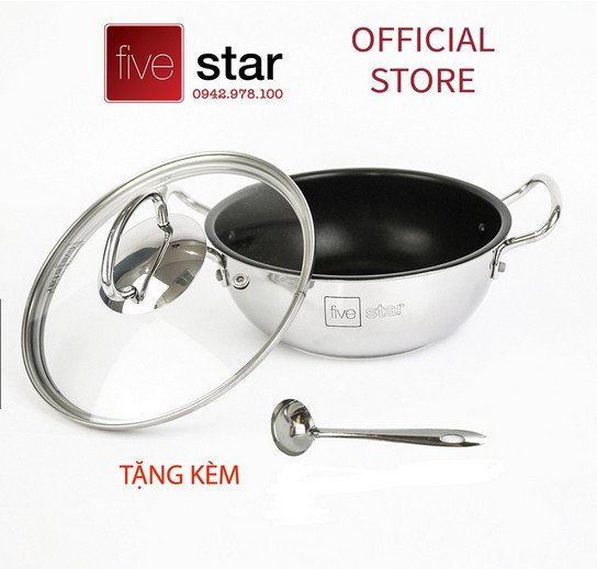 Nồi inox kho cá chống dính Fivestar 3 đáy dùng được mọi bếp inox 430 nắp kính ( 18cm / 20cm / 22cm ) , bảo hành 5 năm , tặng 1 vá canh