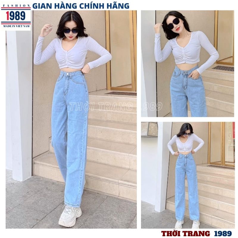 Quần bò ống rộng cạp cao -quần bò nữ ống rộng cạp cao kiểu dáng hàn quốc hót  siêu xinh ,quần jeans nữ lưng cao -THỜI TRANG 1989