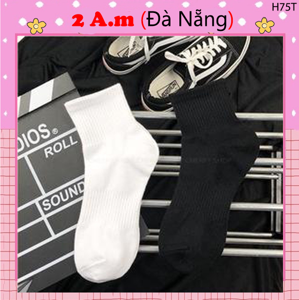 Tất Vớ Trơn Màu Trắng Đen Cổ Trung Nam Nữ Vải Cotton Thời Trang Hàn Quốc