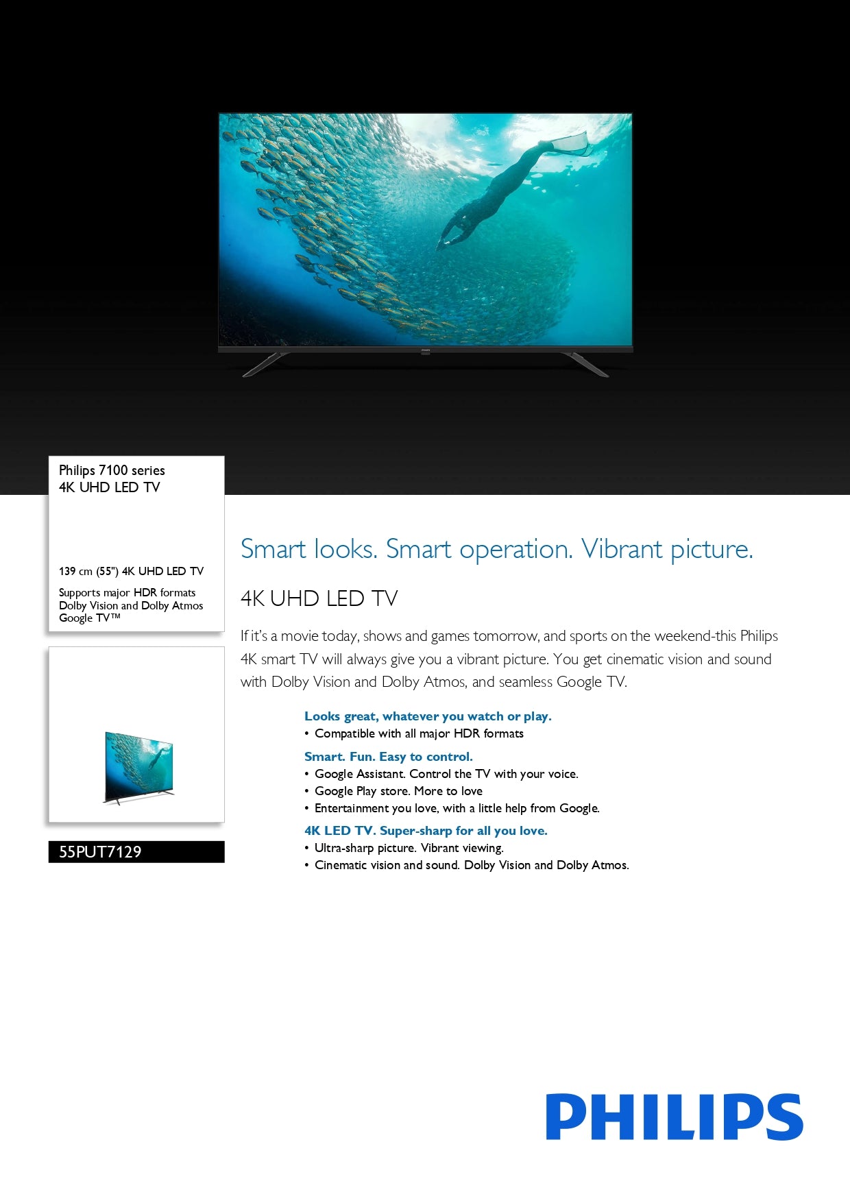PHILIPS 55PUT7129 55" 4K UHD GOOGLE TELEWIZOR LED