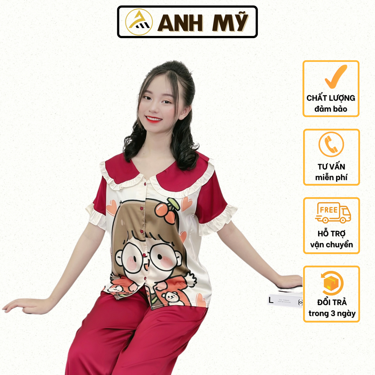 Đồ ngủ nữ pijama bèo cổ chất lụa latin tay ngắn quần dài GIA MỸ A39