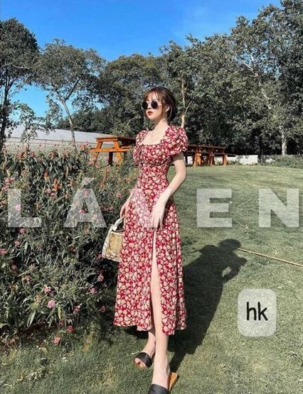 Đầm maxi hoa cổ vuông xẻ đùi thời trang cực đẹp cực dễ thương
