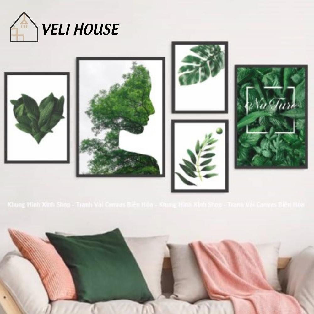 Bộ 5 tranh vải canvas treo tường bắc âu kcv59 - Lá xanh nhiệt đới - Kèm khung - Veli house