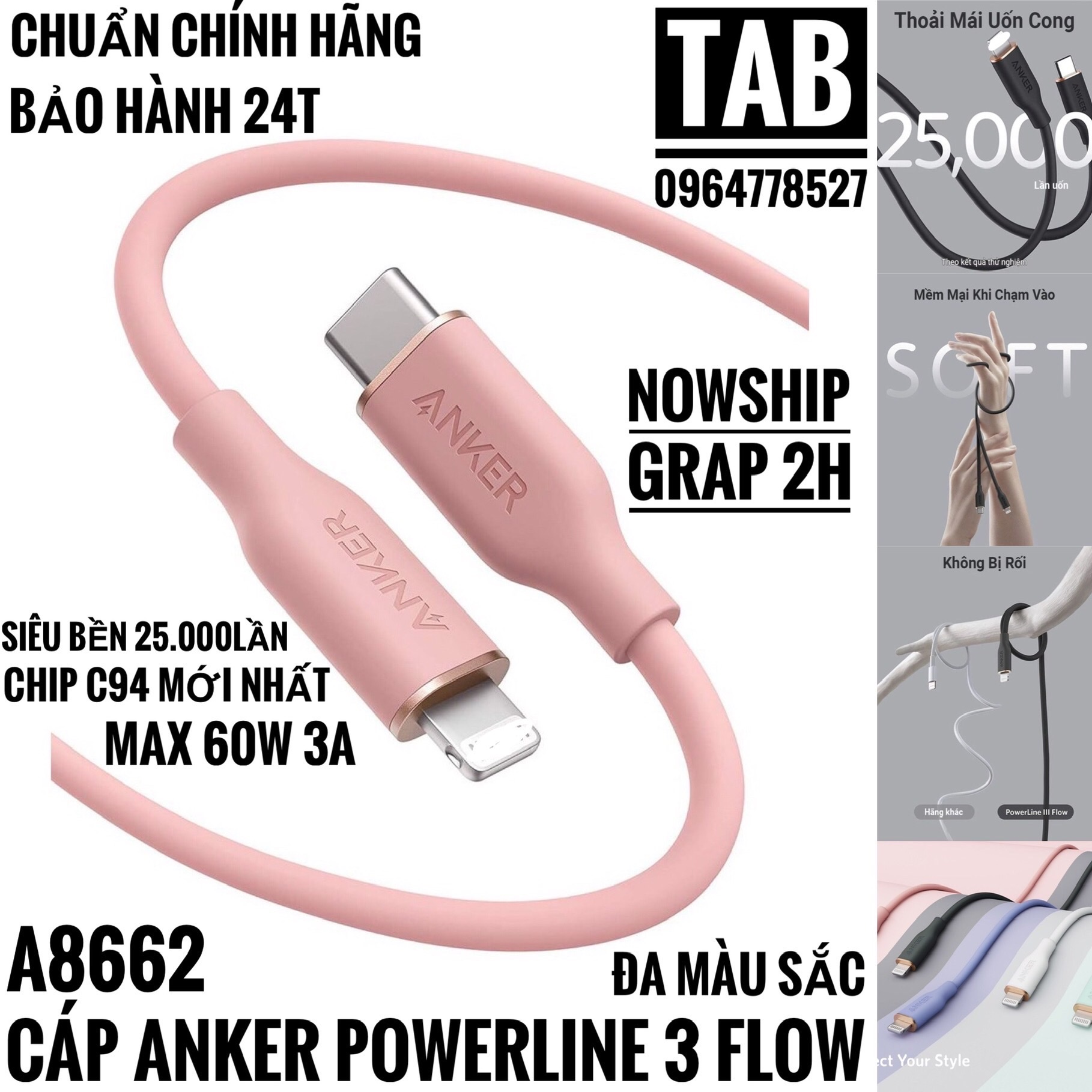 Cáp Anker PowerLine 3 FLOW C To L (A8662/A8663) - Bảo Hành 24T