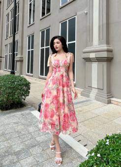 Đầm maxi đi biển đi tiệc họa tiết hoa hồng chất voan mềm mịn có lớp lót trong , có mút ngực -BUFASHION SHOP