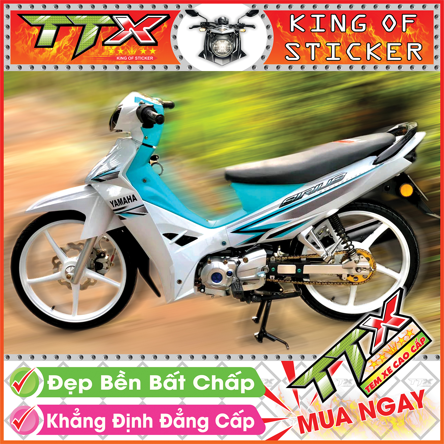 Tem sirius chỉ xanh , Tem xe phụ kiện sirius trắng màu xanh siêu đẹp , Shop TTX Team chế sirius