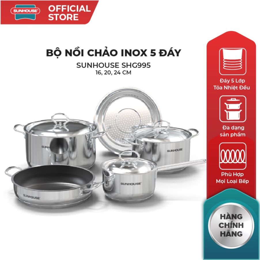 Bộ nồi chảo inox 5 đáy sunhouse shg995 ,gồm 3 nồi , 1 xửng hấp , 1 chảo 24cm cao cấp