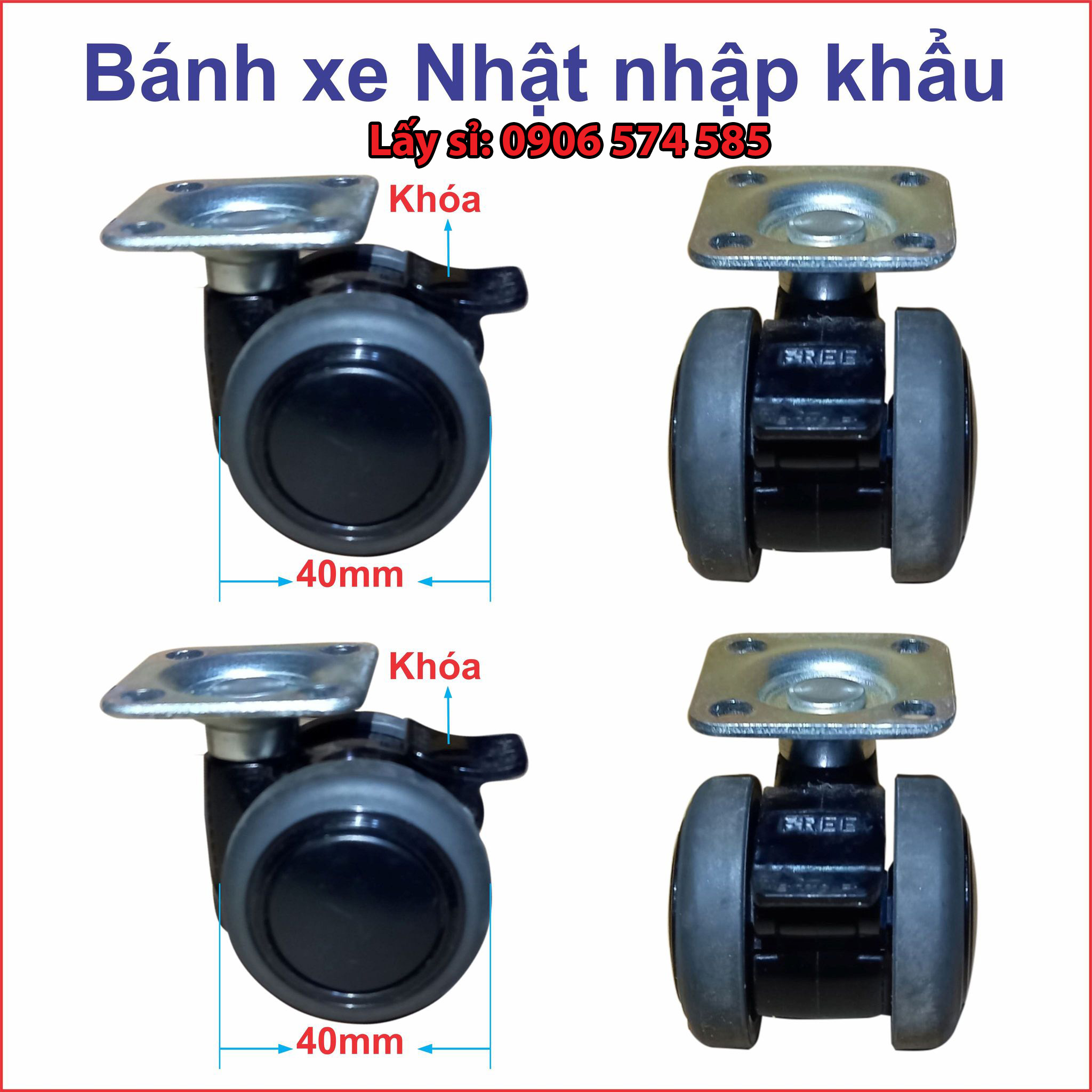 Bộ 4 bánh xe 40mm hàng nhập Nhật Bản nội địa, bánh xe cho loa kéo, xe đẩy, tủ nhôm, tủ gỗ