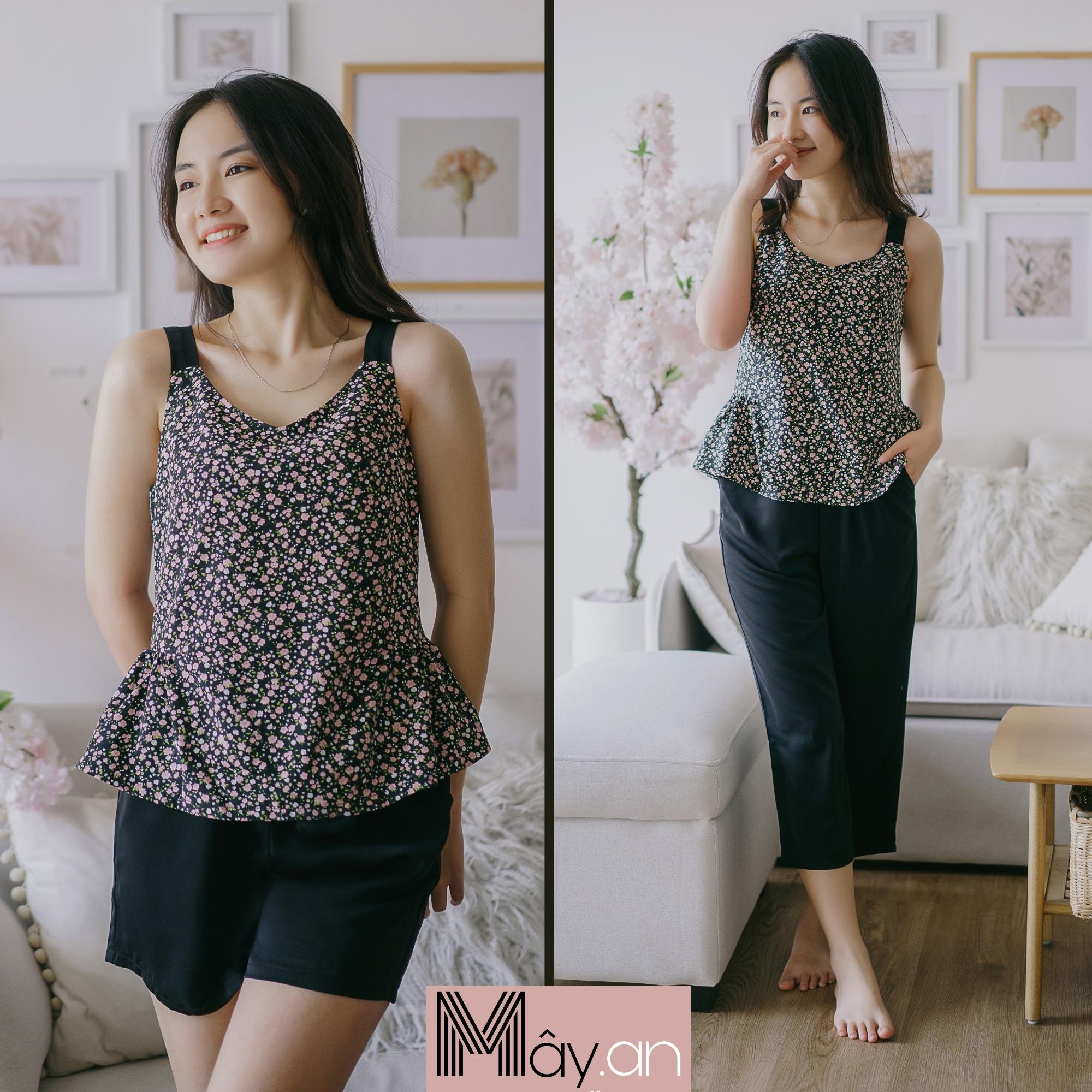Đồ mặc nhà MÂY áo sát nách coup eo lụa mango hoa quần lụa Hàn quốc - Đen