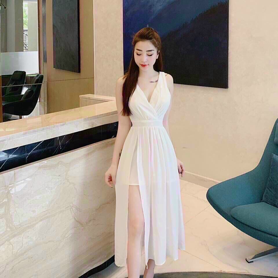 Đầm maxi đi biển, đầm maxi 2 dây dài hở lưng thiết kế thắt nơ lưng tiểu thư dự tiệc sang chảnh thời trang váy nữ minh hà fashion