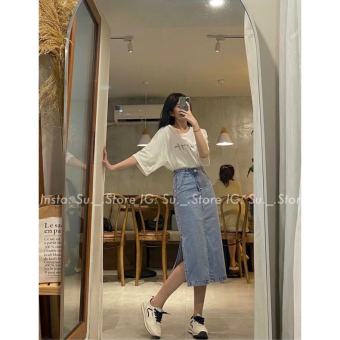 Chân váy bò nữ xẻ cạnh dáng dài, chân váy xẻ ngang