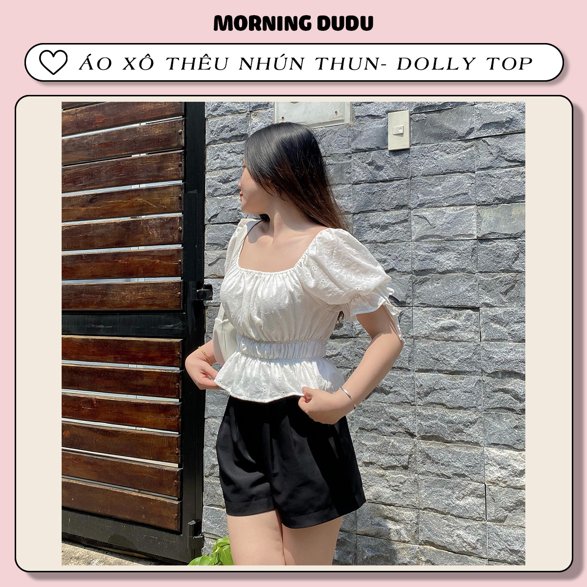 Áo kiểu xô thêu nhún thun- dolly top