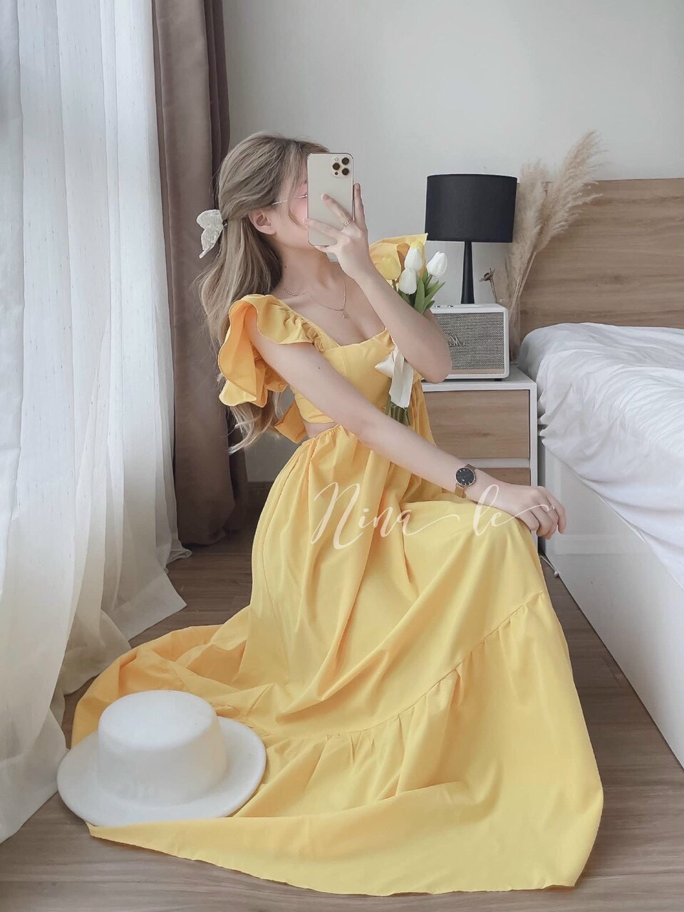 Đầm maxi cánh tiên thắt nơ khoét eo dáng dài thời trang cực hot
