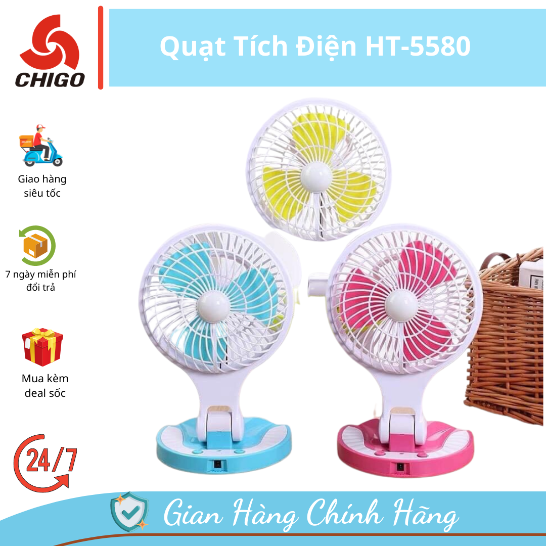 Quạt tích điện ht-5580 cao cấp có đế để bàn - quạt mini gấp gọn tiện lợi