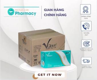 Thùng 10 hộp găng tay cao su Y Tế Vglove Khải Hoàn Có Bột full size Latex Chính Hãng bao tay