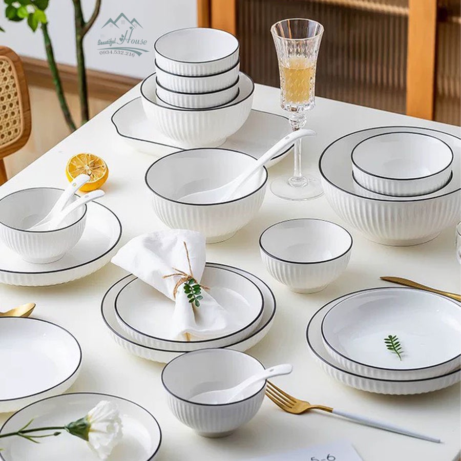 Bộ bát đĩa gốm sứ cao cấp 34 món sứ trắng bo viền - mẫu 2