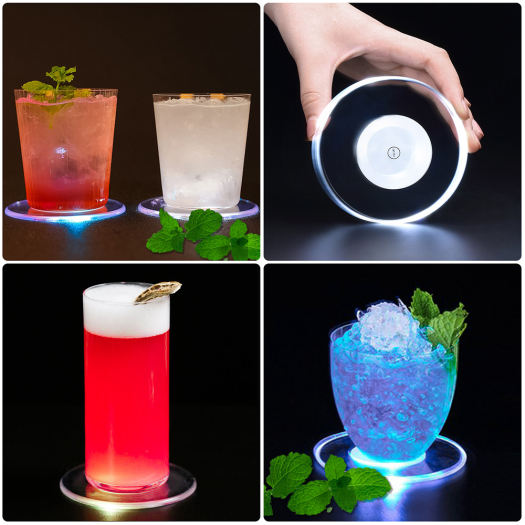 Đế Đèn LED Siêu Mỏng Pha Lê Acrylic Đế Đèn Flash Cocktail Quán Bar Tấm Lót Quán Bar Dạ Quang Và Tấm Lót Cốc Tròn 7 Màu, Đèn KTV