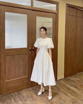 Đầm Xòe Midi Trơn Tay Phồng Chít Eo 5 Màu [Ảnh Thật Cuối] - DX0036