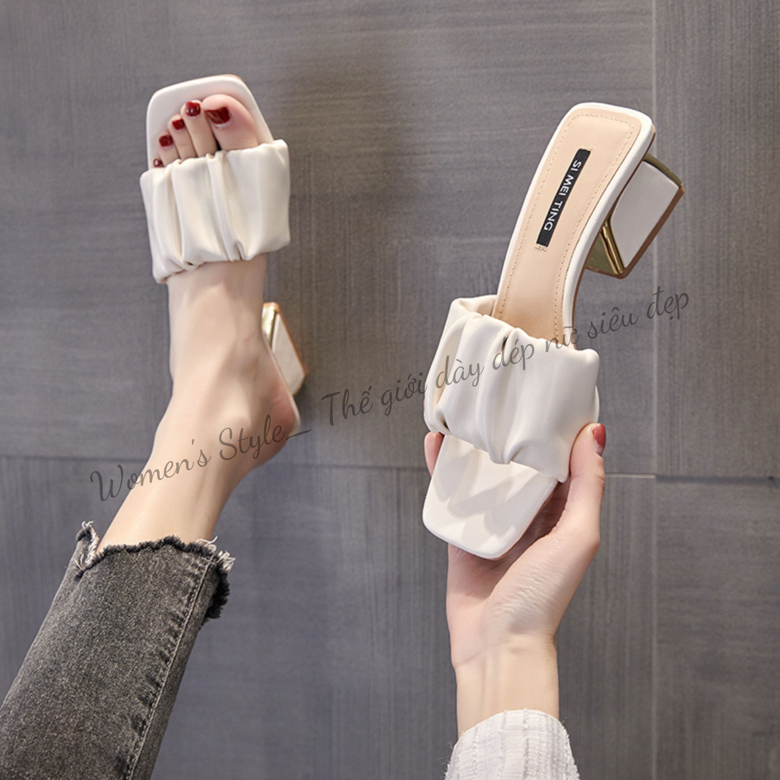 Giày cao gót nữ 5P đế vuông WOMENSTYLE siêu hot, dép cao gót quai nhún bèo 3 màu trắng, đen, kem thời trang, Guốc cao gót giá rẻ mã TD10