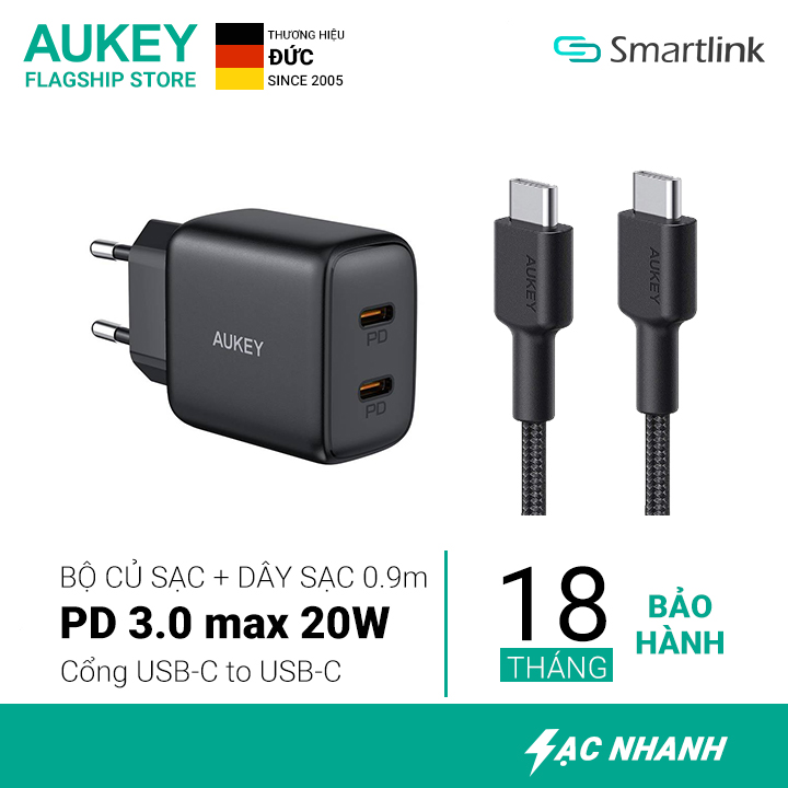 Combo củ kèm cáp sạc nhanh aukey pa-r1s và cb-cd45 chuẩn pd - bảo hành 18 tháng