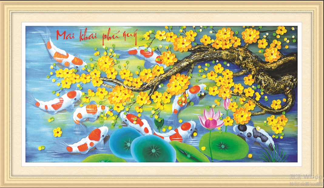 Tranh đính đá 9 cá hoa mai khai phú quý 88553 |112x60cm| _ chưa đính