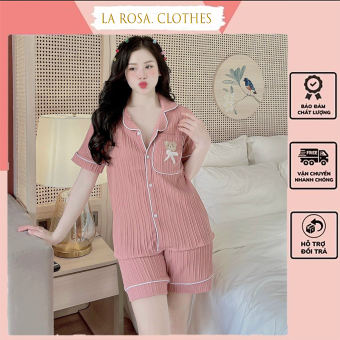 Bộ ngủ nữ pijama cộc tay chất đũi gân sang chảnh, bộ đồ mặc nhà tay ngắn chất đũi cao cấp, bộ đồ pijama mùa hè túi gấu