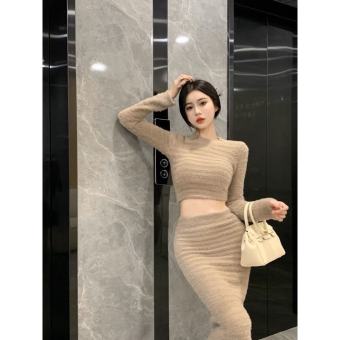 Set bộ len lông thỏ croptop tay dài phối chân váy ôm, set len lông váy xẻ hàng nhập QC.(có sẵn, h. thật)
